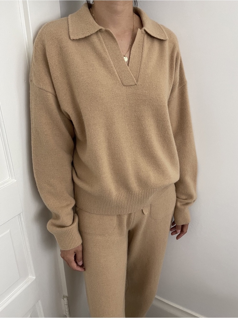Le Bon Shoppe Nanette Camel Collared Cashmere Merino Wool Blend Sweater